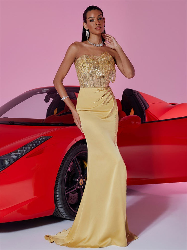 strapless satin gown with embellished bodice – AURELIA
