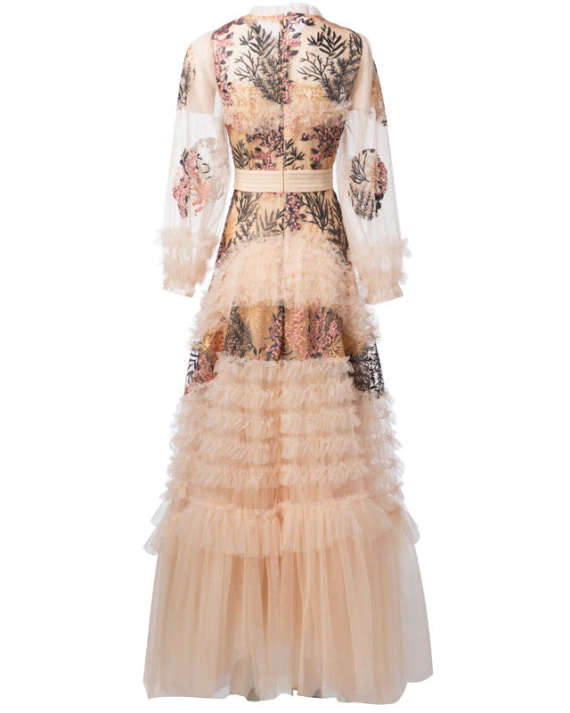 فستان تول بأكمام طويلة وتطريز زهري - ماء مالح