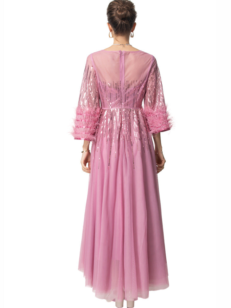 sequin tulle gown with feathered sleeves - CELESVE