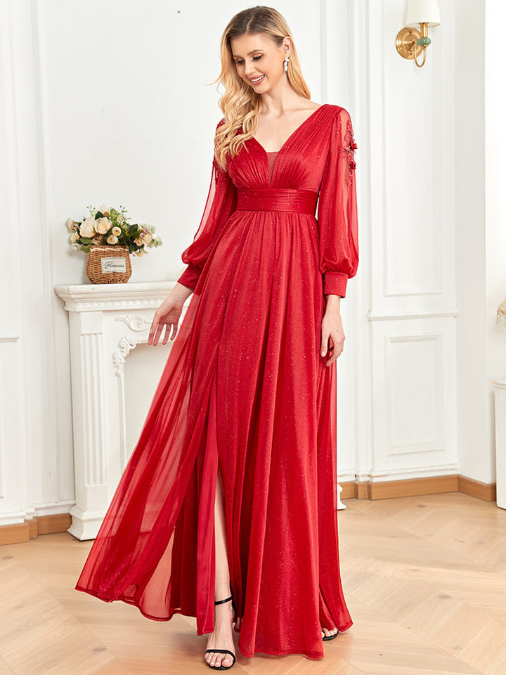 Plissiertes Oberteil mit ausgestellten Ärmeln und Maxirock-Set mit Taillengürtel – Rosiny 