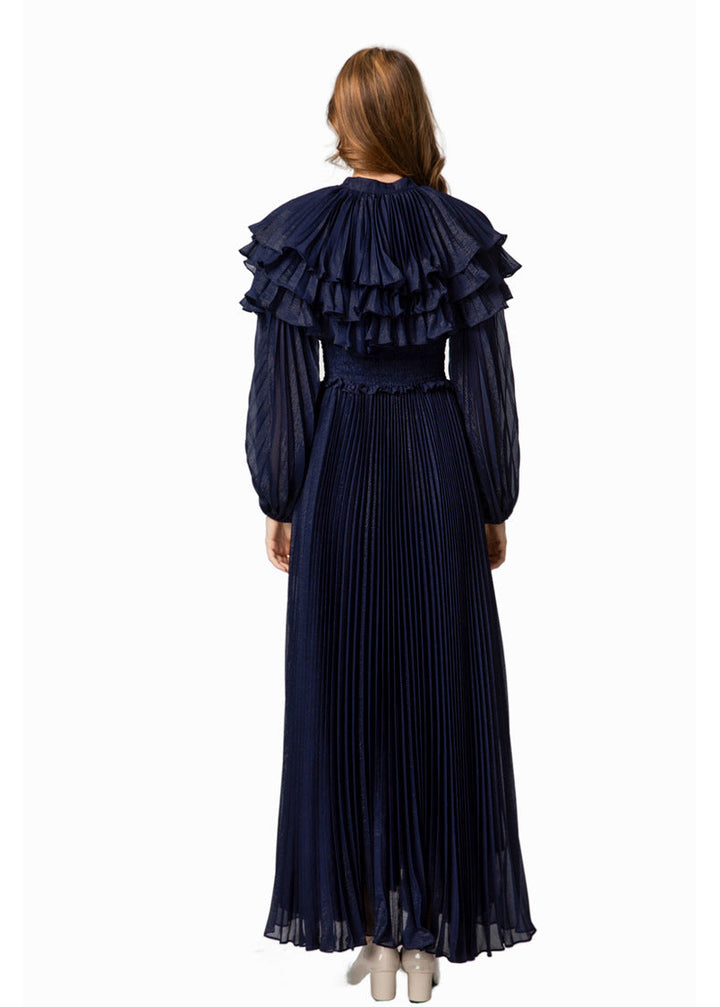 pleated chiffon maxi dress with layered ruffle collar – SERAPHINA