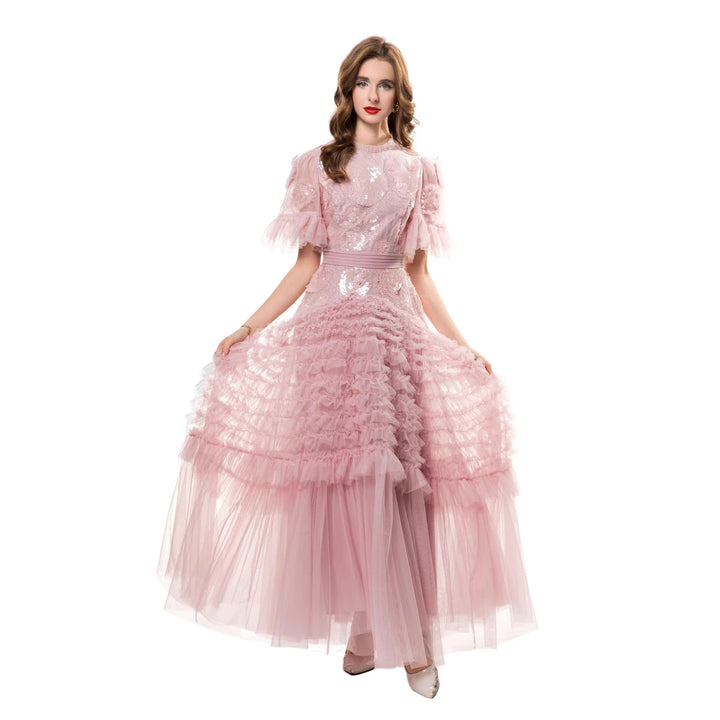 فستان من التول مطرز بالترتر مع تنورة بكشكشة متعددة الطبقات – سيليست