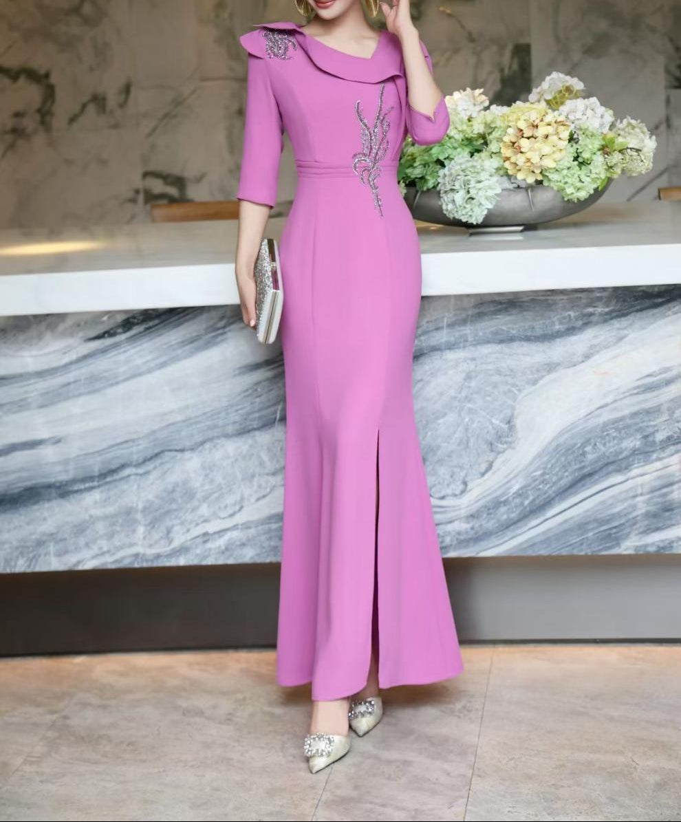embellished draped-collar mermaid dress – ROYAL FUCHSIA