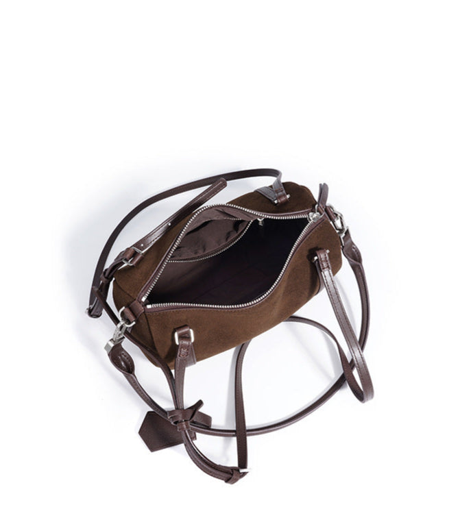 suede shoulder bag with leather trim and lock charm – ALBALI