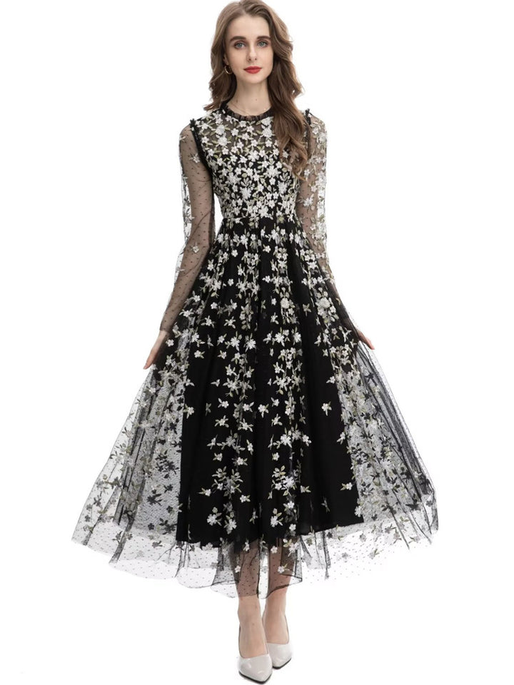 embroidered tulle midi gown with long sleeves – ORYVLA