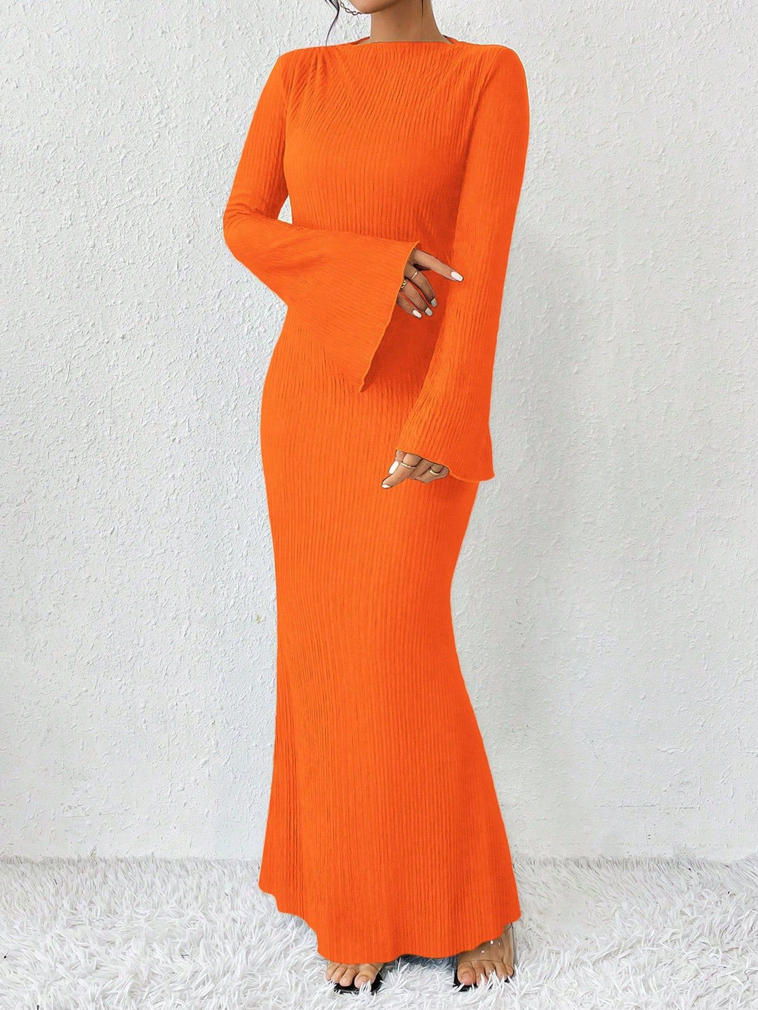 ribbed column maxi dress with flared sleeves – VAZIRA