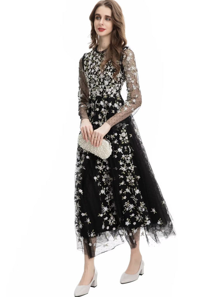 embroidered tulle midi gown with long sleeves – ORYVLA