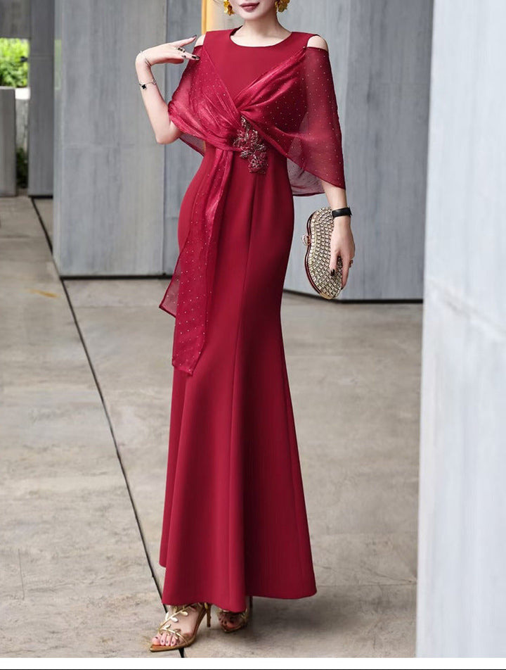 cold-shoulder flare gown with embellished wrap – ROSABELLA