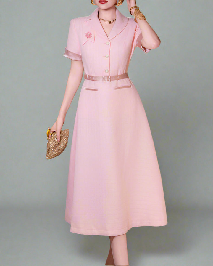 korte mouw midi jurk met 3D bloemenapplicaties - BLOOMIQ 