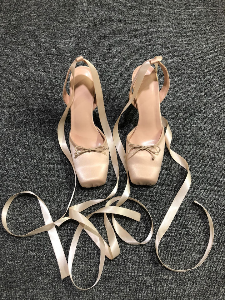 satin platform heels with ribbon ankle ties – BELLE