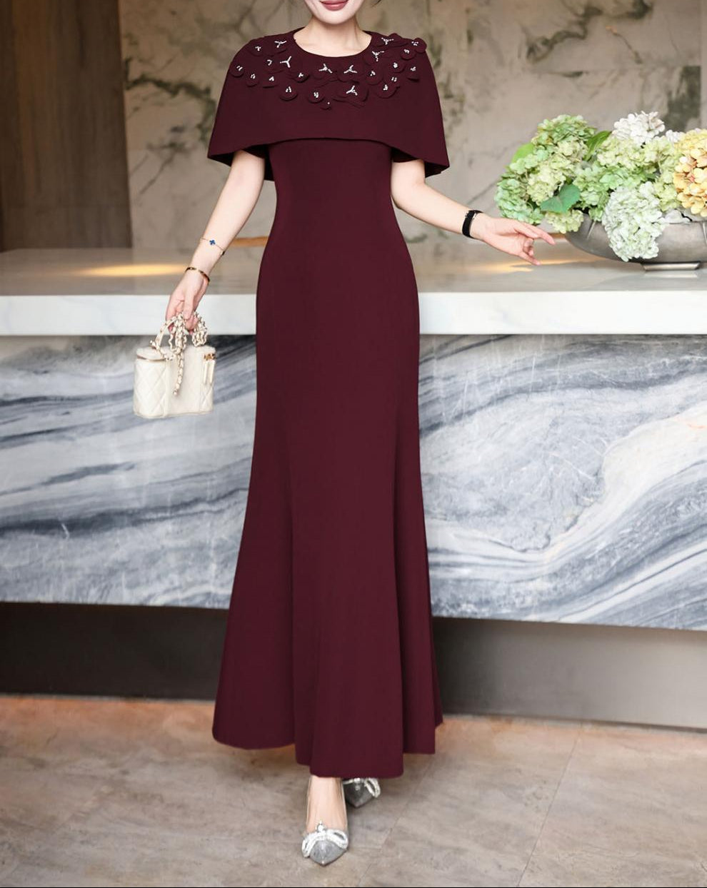 cape-shoulder mermaid dress with embellished neckline – FUCHSIA