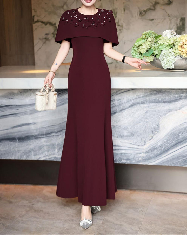 cape-shoulder mermaid dress with embellished neckline – FUCHSIA