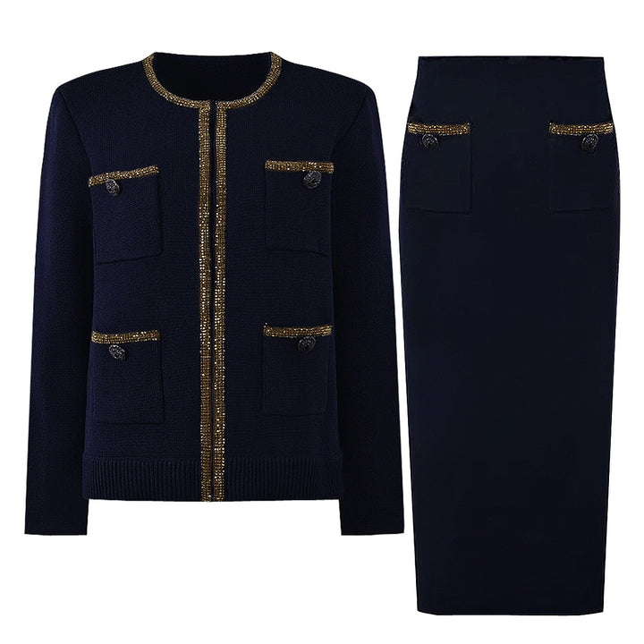 long-sleeve tweed jacket and pencil skirt set with metallic trim - NOVADRO