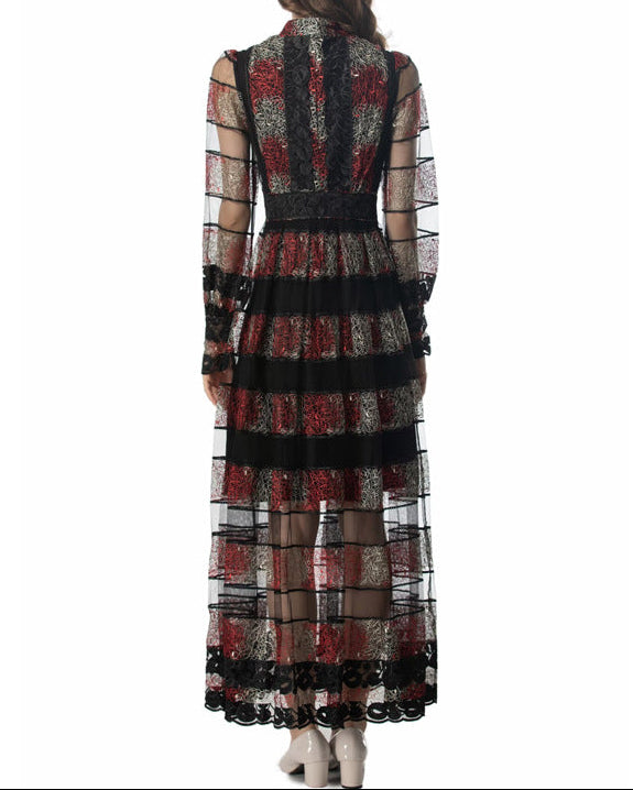 sheer lace-panel maxi dress with embroidered stripes – VIVIANA