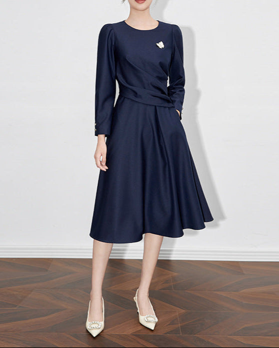 long-sleeve fit-and-flare midi dress with waist draping - NOELLE