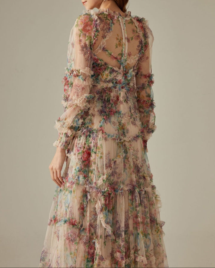 sheer floral tiered tulle gown – FIORELLA