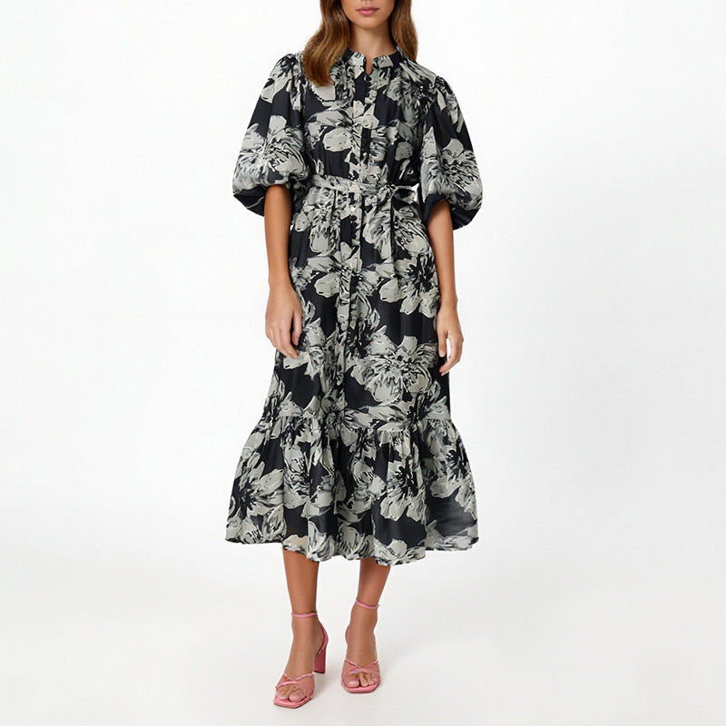 puff-sleeve floral midi dress with belted waist – IVYNZI