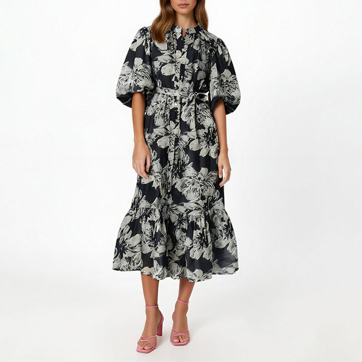 puff-sleeve floral midi dress with belted waist – IVYNZI