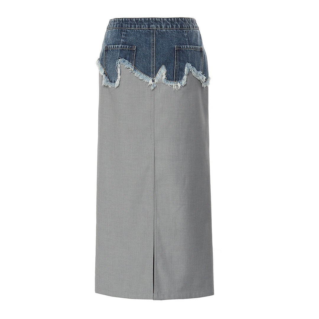 High-waist midi skirt with denim panel and raw-edge detail – DENYRA
