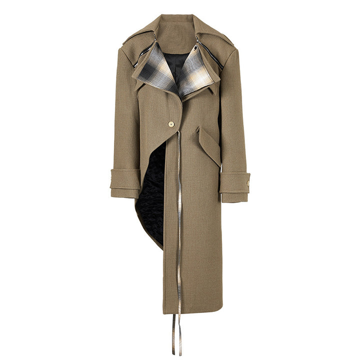 Asymmetric Long Trench Coat with Metallic Lapel – AURELIA