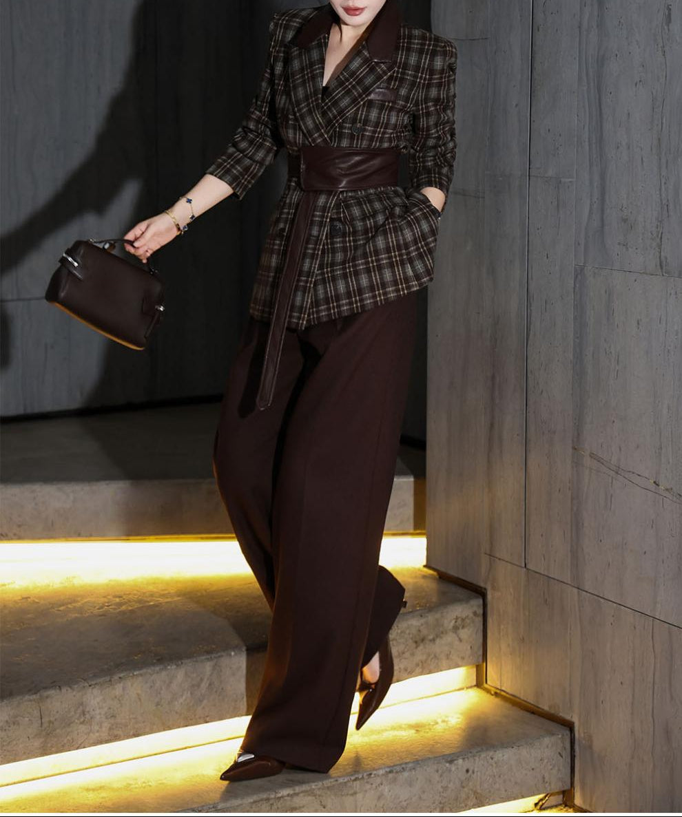 plaid tailored blazer with leather belt & wide-leg trousers – MARCELLA