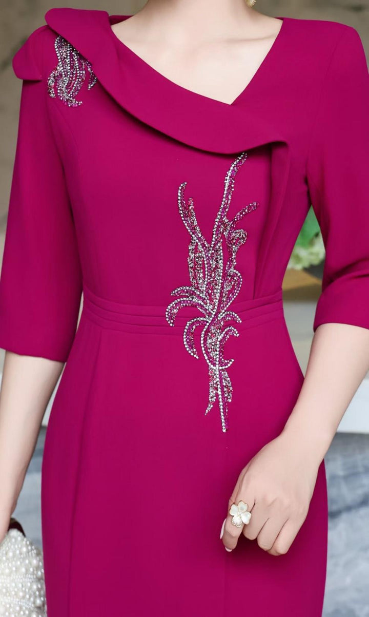 embellished draped-collar mermaid dress – ROYAL FUCHSIA