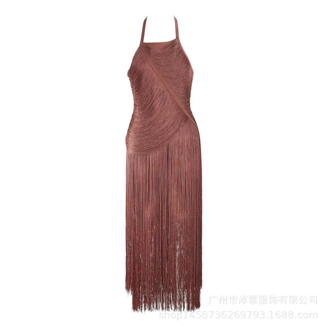 pleated halter fringe gown – SIERRA