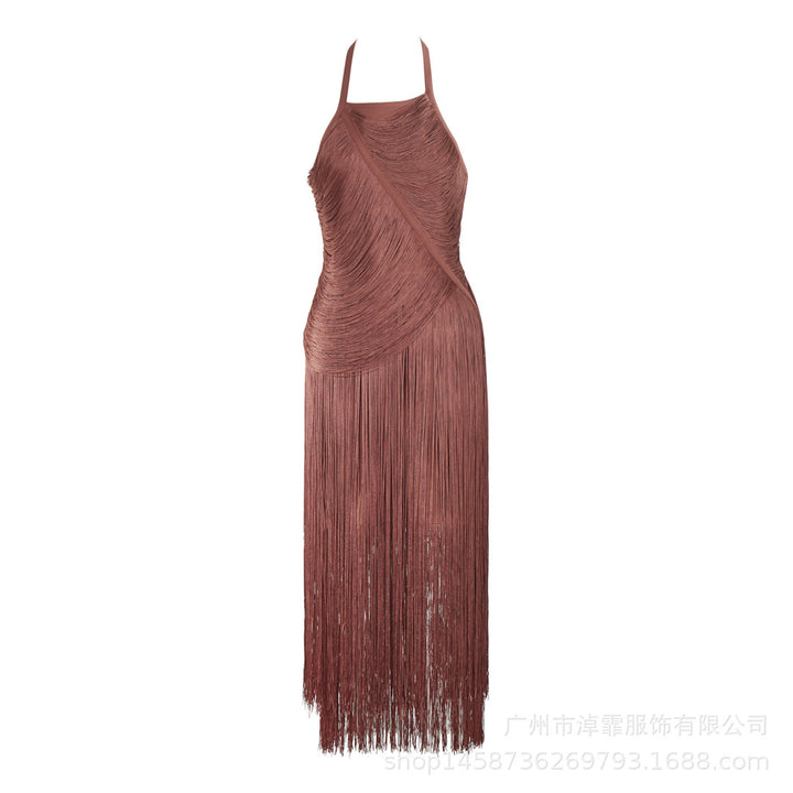 pleated halter fringe gown – SIERRA