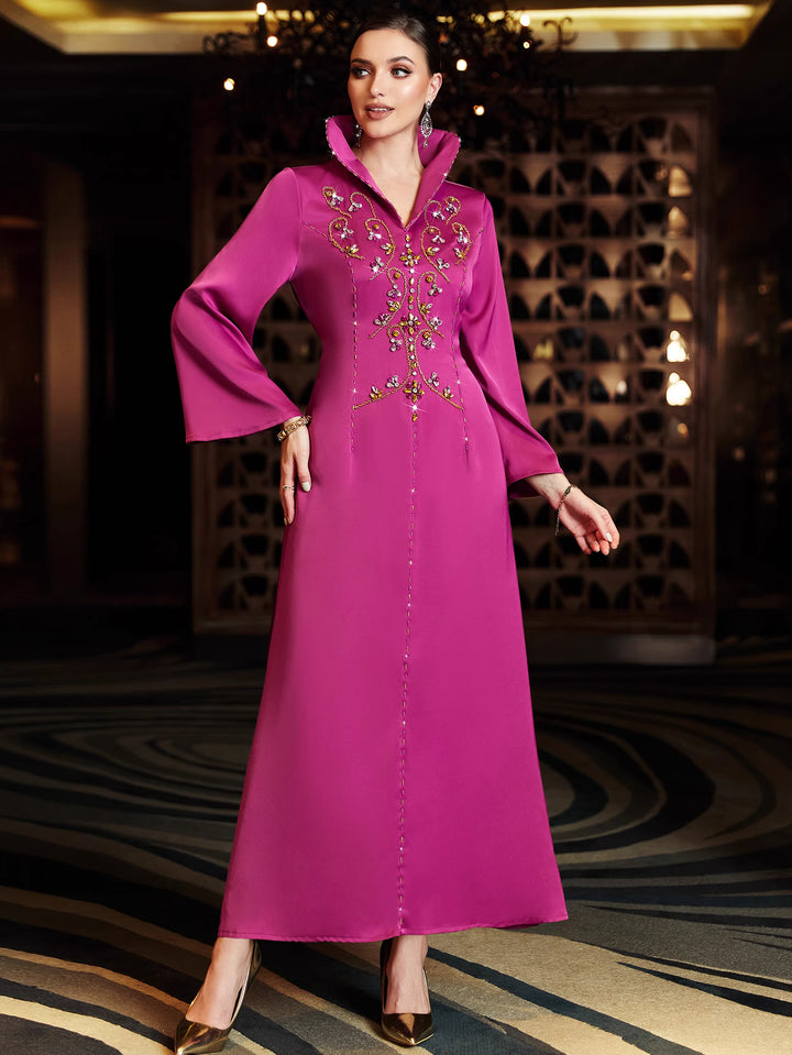 long sleeve column dress with embellished collar - FARAH