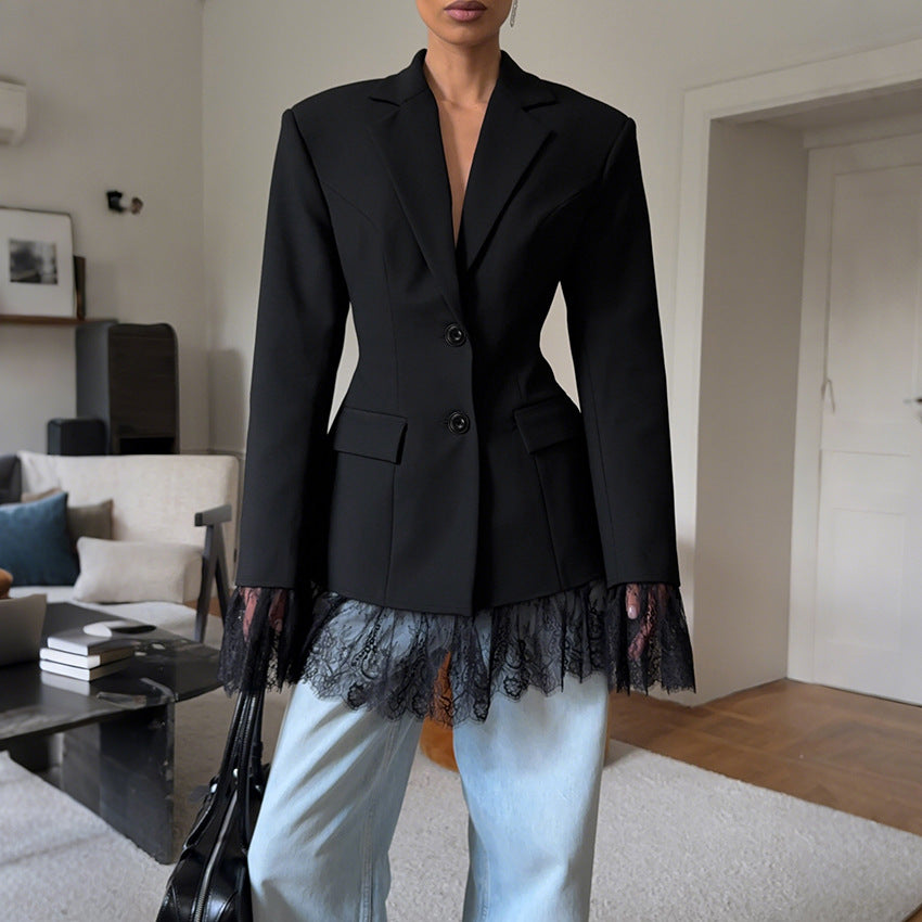 tailored blazer with lace hem – IVORY