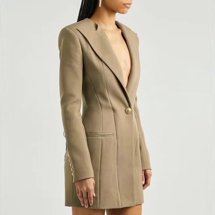 structured blazer mini dress with single gold button – AURA