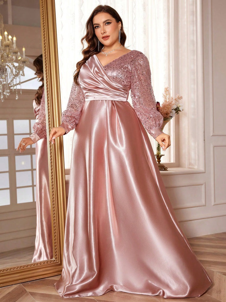 satin evening gown with sequin balloon sleeves – MIDNIGHT