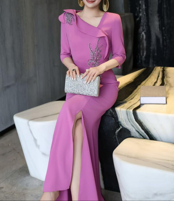 embellished draped-collar mermaid dress – ROYAL FUCHSIA