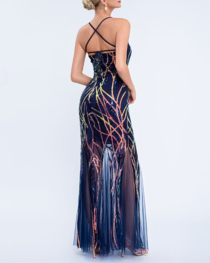 فستان بدون أكمام مزين بالترتر مع حافة من التول الشفاف – سيليستينا