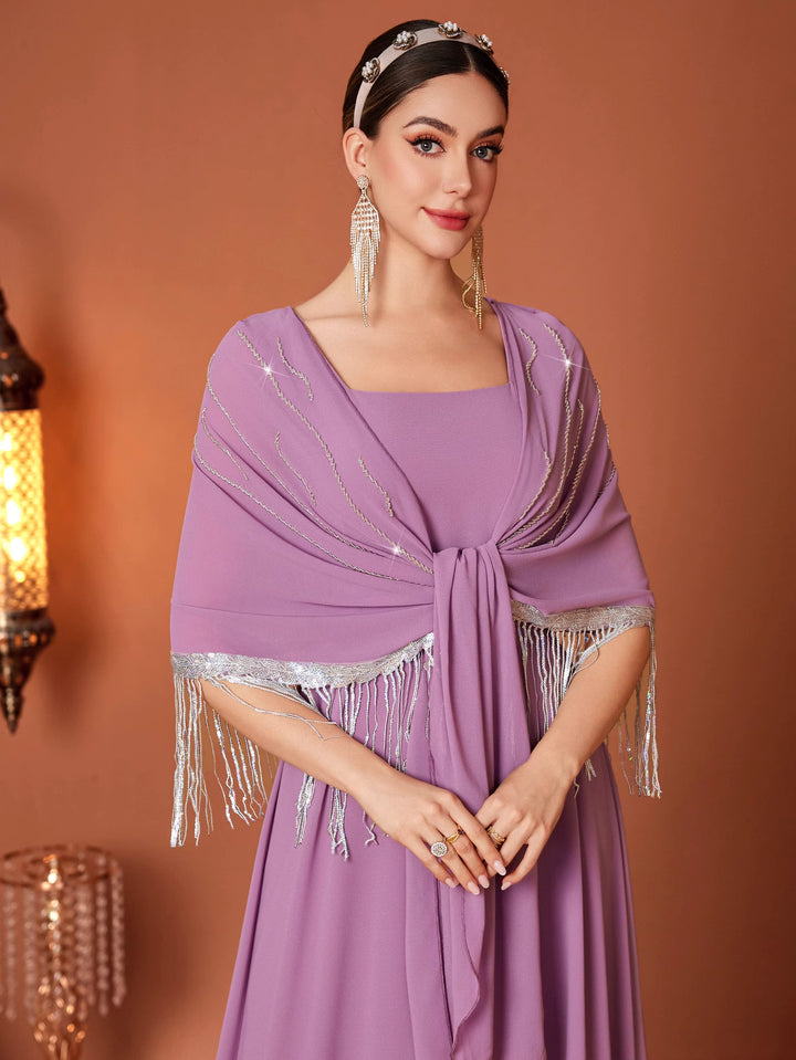 sleeveless column dress with draped fringe cape - AMIXUNA