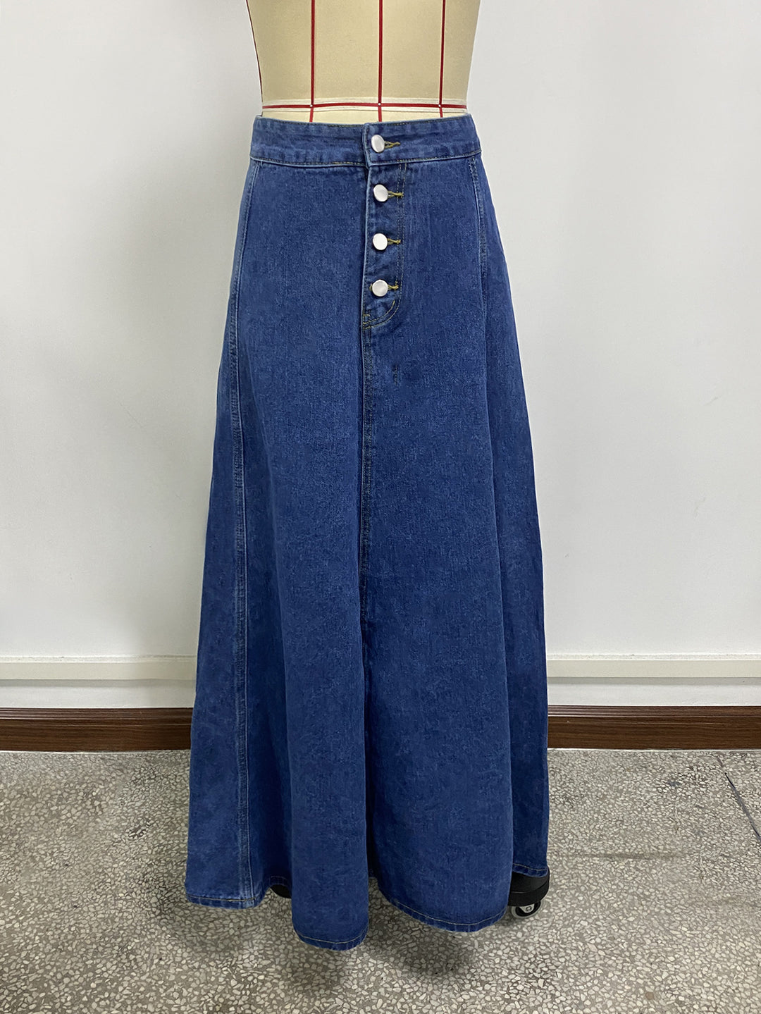 high-waist flared denim maxi skirt with front buttons – MAYA