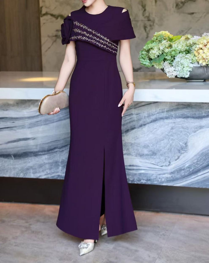 asymmetric embellished shoulder gown – AMARA