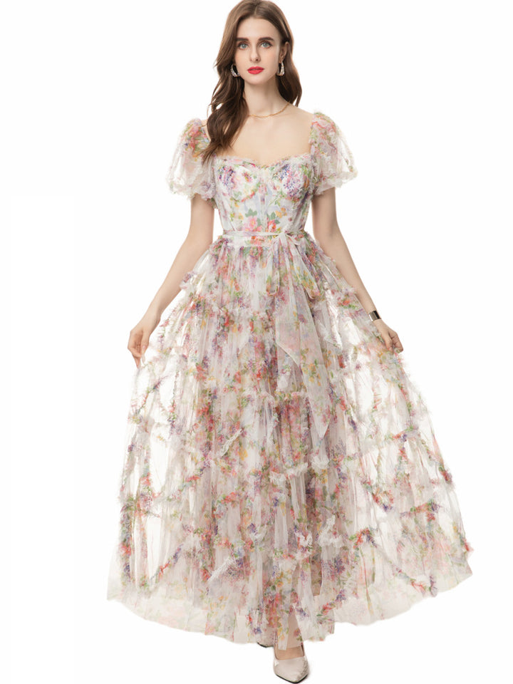 puff sleeve tiered tulle gown with floral appliqué - AUROZRA