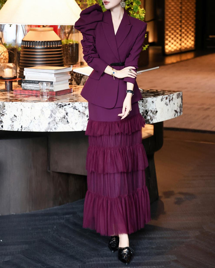structured ruffle-sleeve blazer set with tiered tulle skirt – AMARANTH