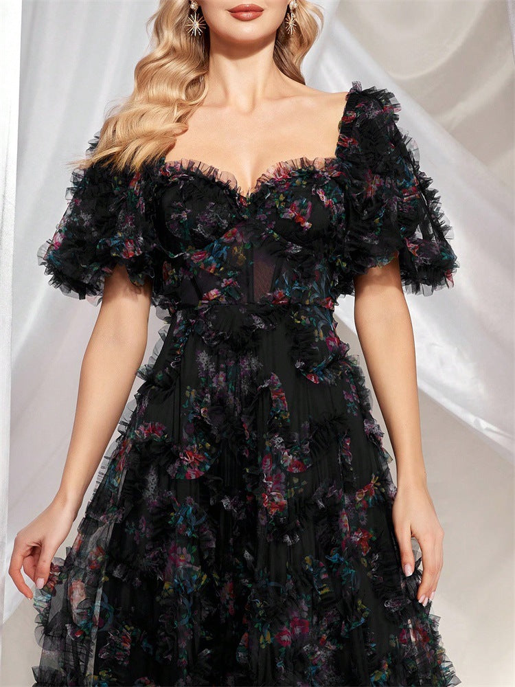 off-shoulder floral tulle gown with puff sleeves – NIGHT