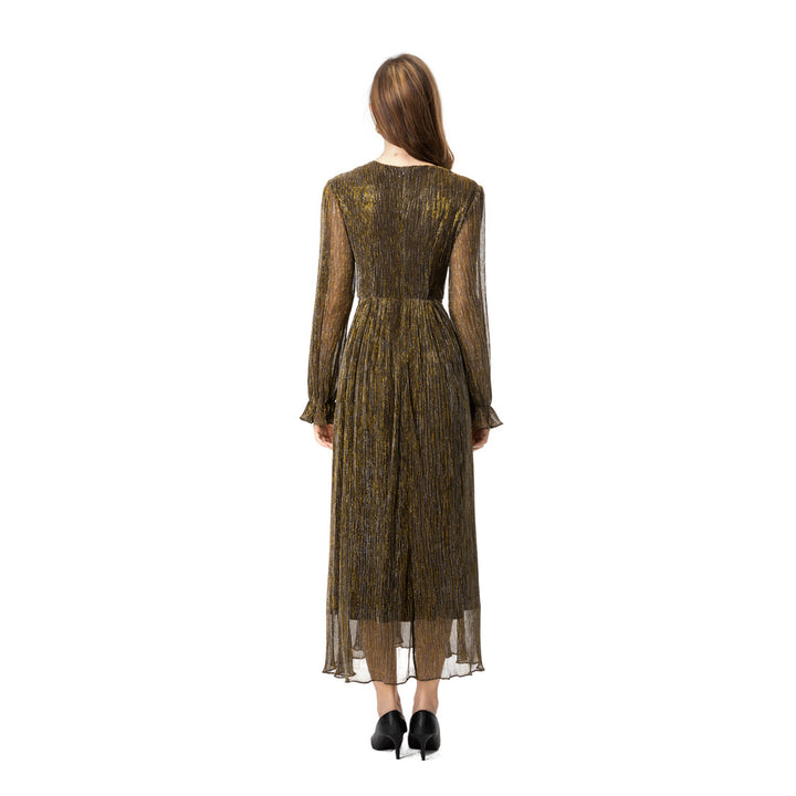 metallic pleated chiffon dress with wrap waist – ADELIA