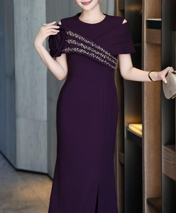 asymmetric embellished shoulder gown – AMARA