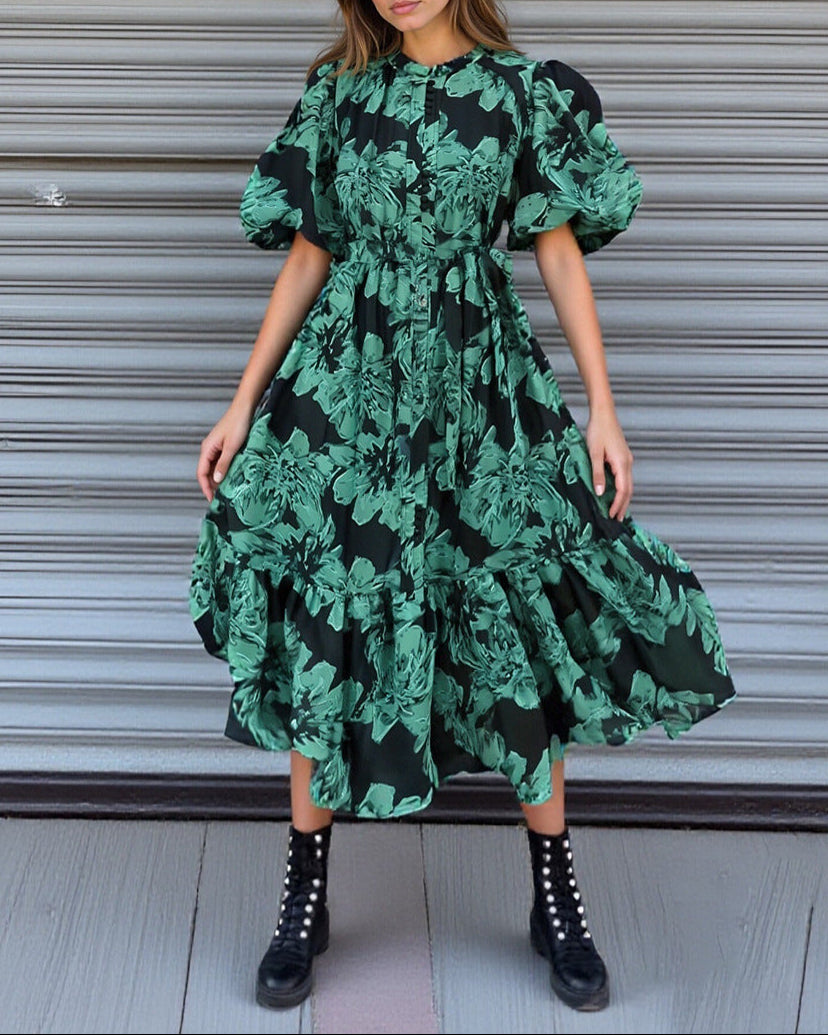 puff-sleeve floral midi dress with belted waist – IVYNZI