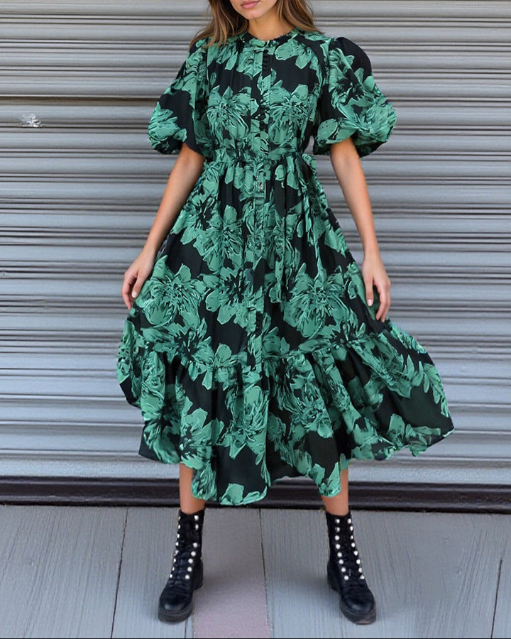 puff-sleeve floral midi dress with belted waist – IVYNZI