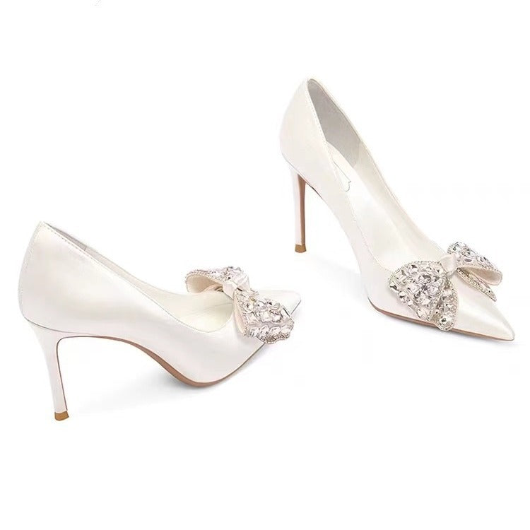 satin pointed-toe heels with crystal bow embellishment – AURELIVIA