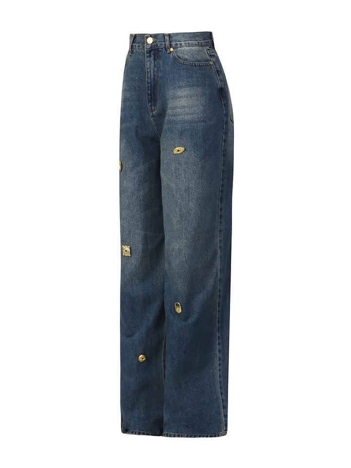 High-Waist Wide-Leg Denim with Gold Charms – AURA