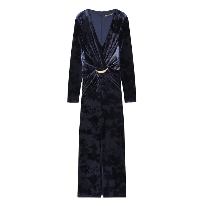Long velvet wrap dress with deep V-neck and thigh-high slit – VELVET