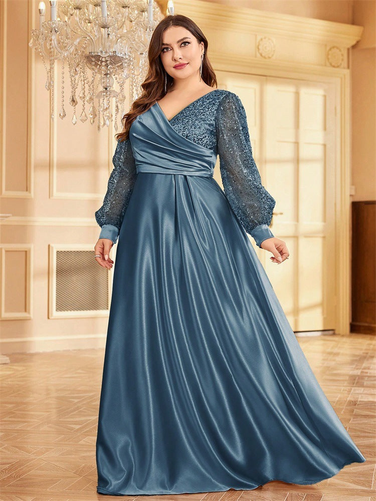 satin evening gown with sequin balloon sleeves – MIDNIGHT