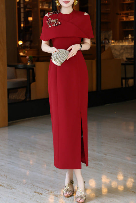 off-shoulder column dress with embellished cape – RUBY