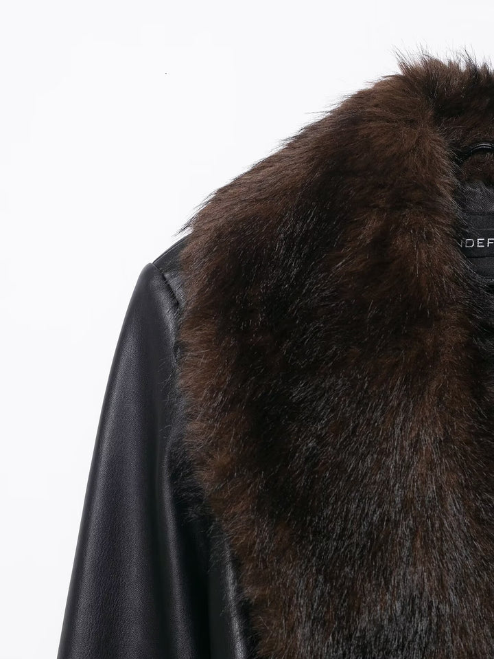 معطف طويل من الجلد الصناعي بياقة من الفرو - إيمان